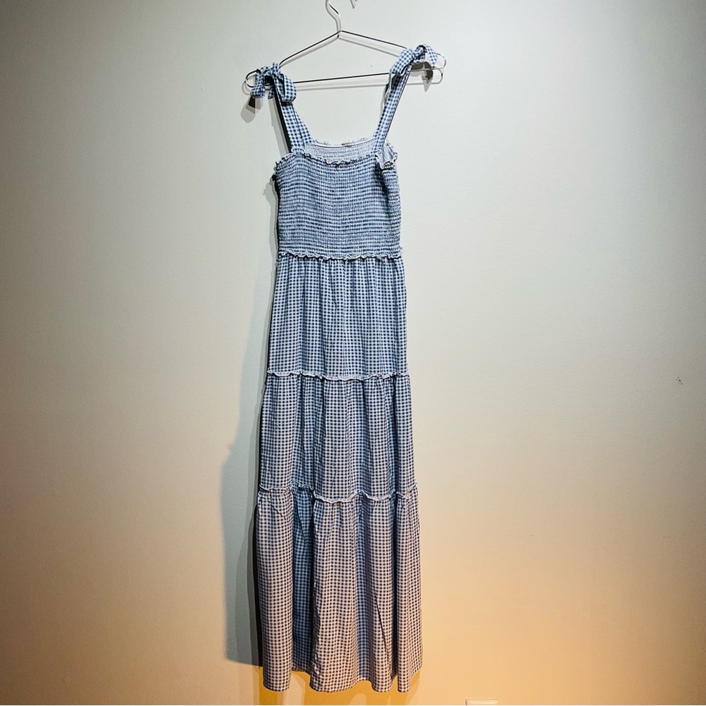 Smocked Gingham Maxi Dress with Tie Straps - Blue
